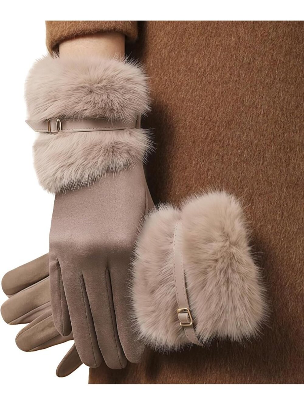 Women's Khaki Comfortable Warm Winter Suede Gloves with Touchscreen Fingers